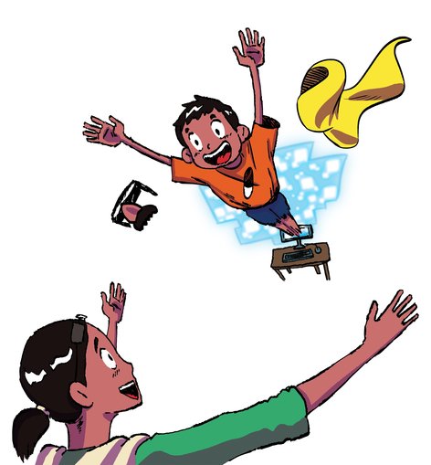 A boy pops out from a computer screen while his mother waits for him