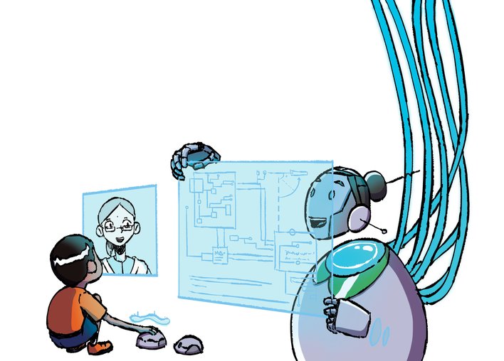 A boy and a robot look at multiple screens