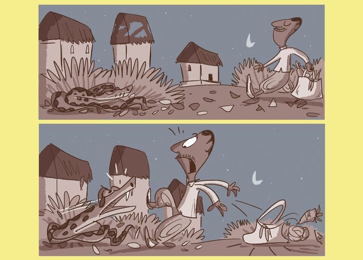 A villager walking in the field at night