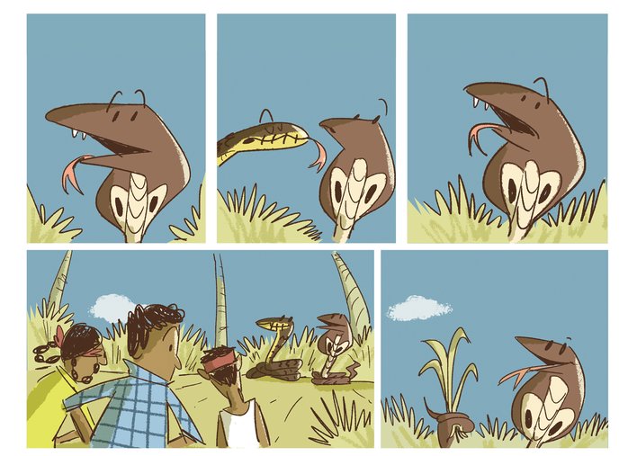 Two snakes talking to three kids