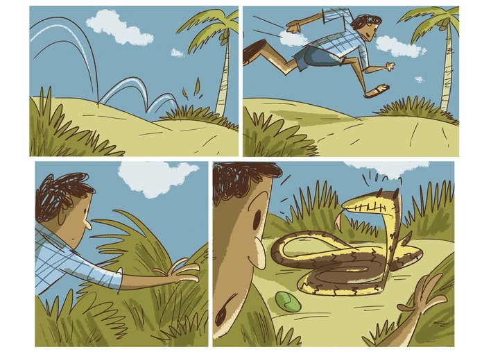 Boy sees a snake and gets scared and runs