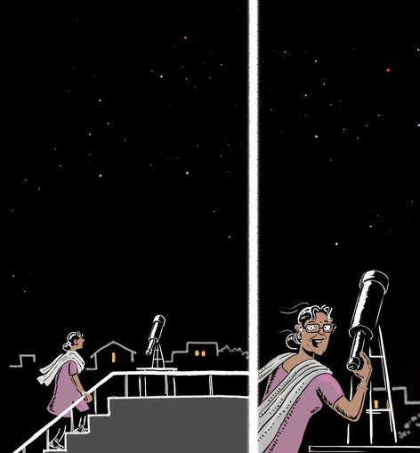 A scientist looks at Mars through a telescope