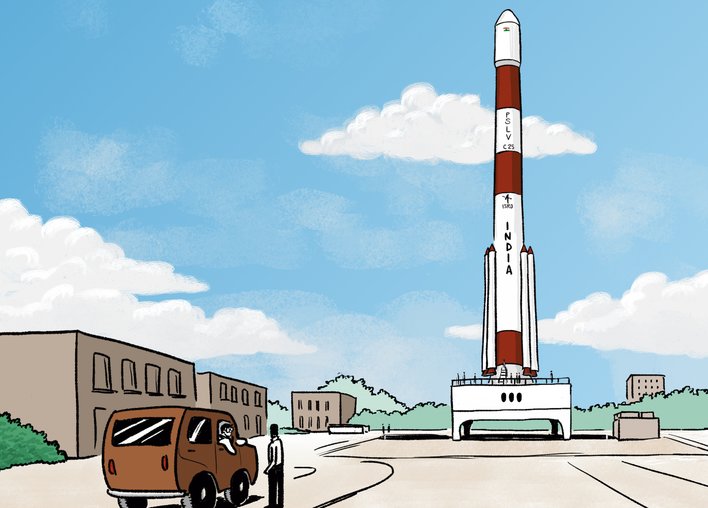 A rocket sits in a launch pad at a space station