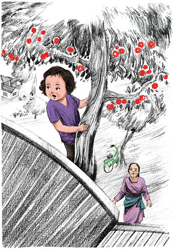 Girl plucking apples off a tree as grandmother watches