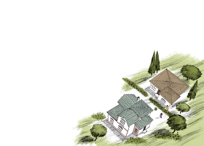 Two houses with a big garden around them