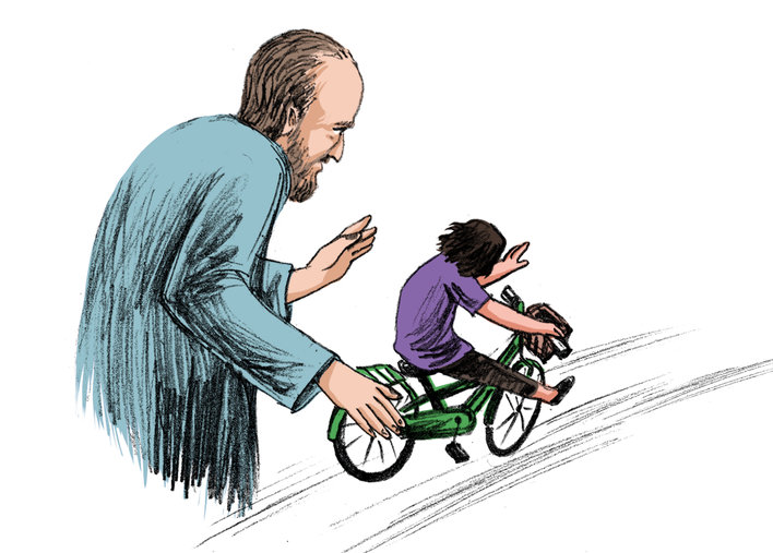 Grandfather teaching child to ride cycle