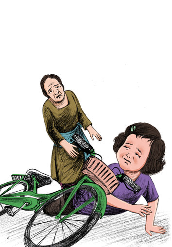 Grandmother rushing in to help grand daughter