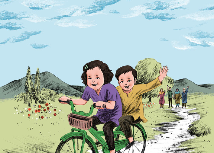 Two friends riding on the cycle