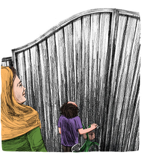 Mother daughter staring at door