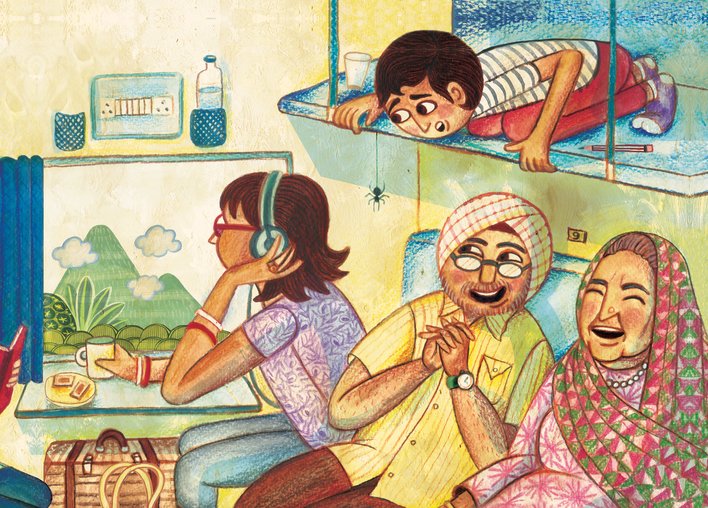 A diverse group of people travelling by train