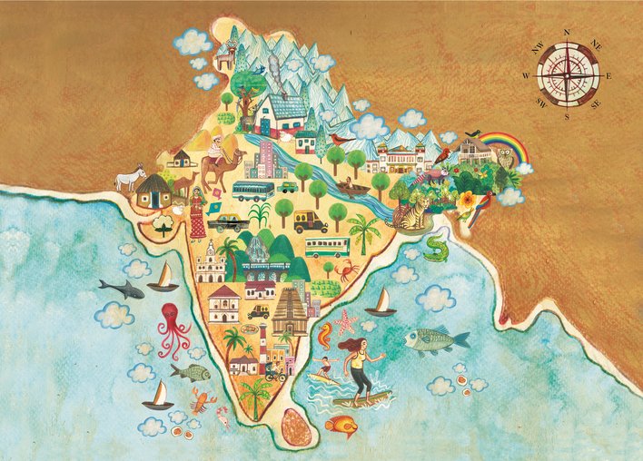 Map of India detailing important tourist attractions