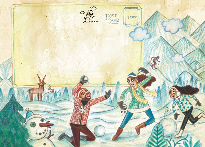 A family of three play and throw snowballs at each other