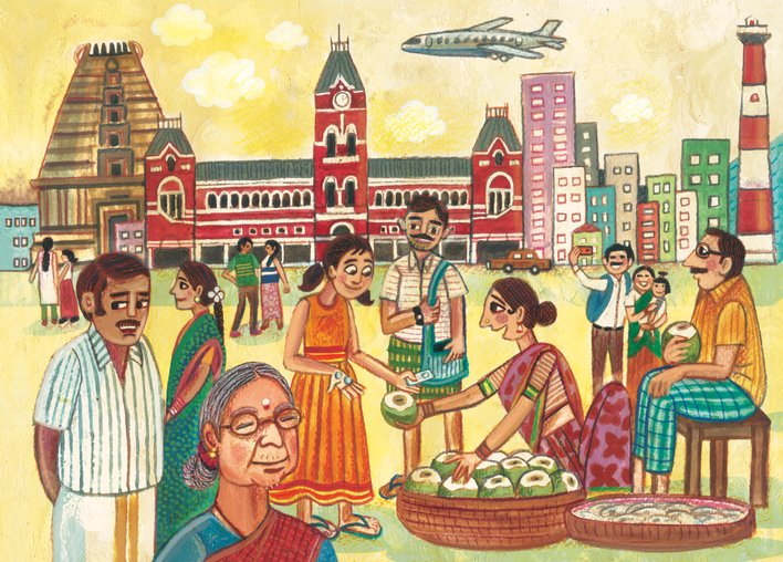 Woman selling coconuts on a busy street in Chennai