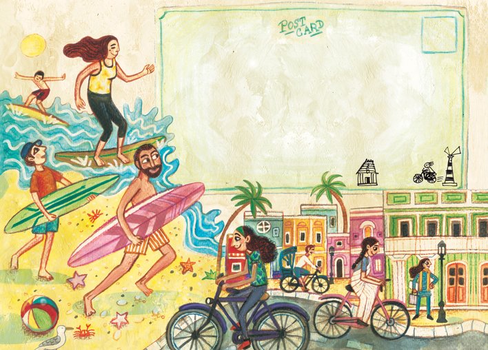 People surfing on the beach and riding cycles on the streets of Puducherry