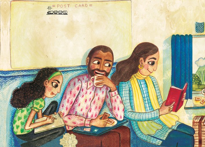 A girl writes a letter while travelling in the train with her mother and father