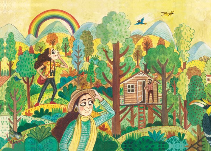 A famly of three staying in a treehouse in the midst of lush greenery
