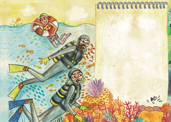 Girl floating on water while parents dive among underwater life