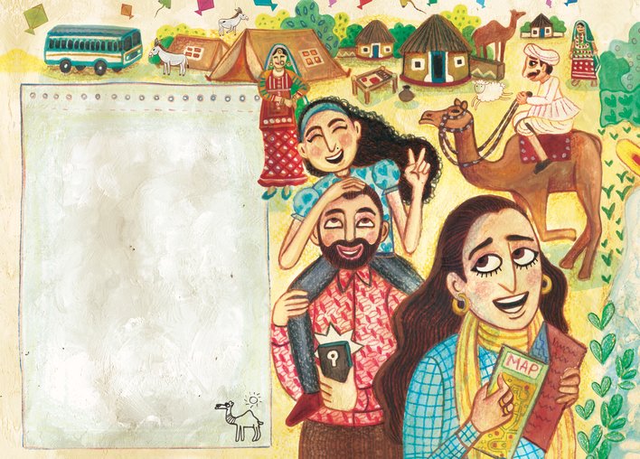 A family clicking photos and travelling in a desert region