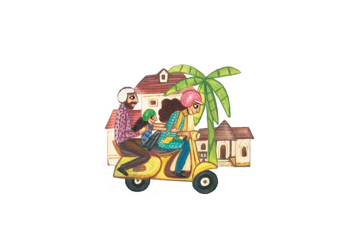 A family riding a yellow scooter