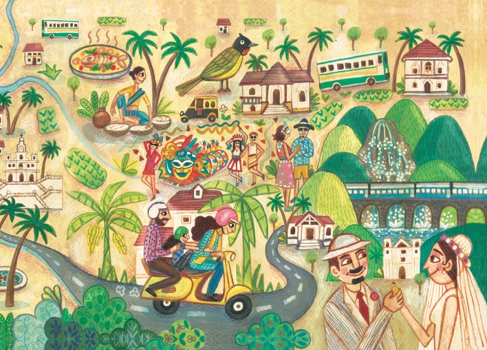 A family riding a scooter through the streets of Goa