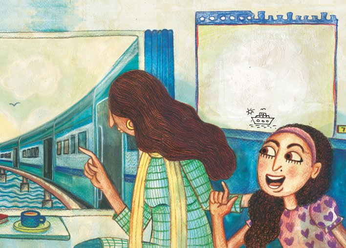 Mother and daughter look out the train window excitedly