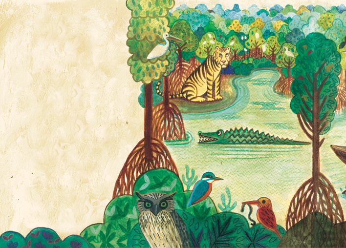 A tiger and a crocodile and varied birds in a mangrove forest