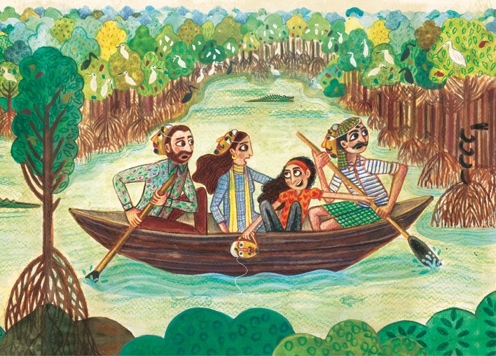 A family wearing decorative masks and rowing a boat in a mangrove forest