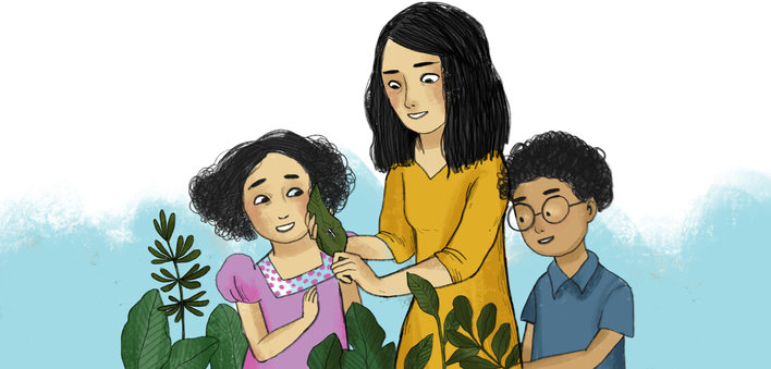 Kids curious about a spider on a leaf