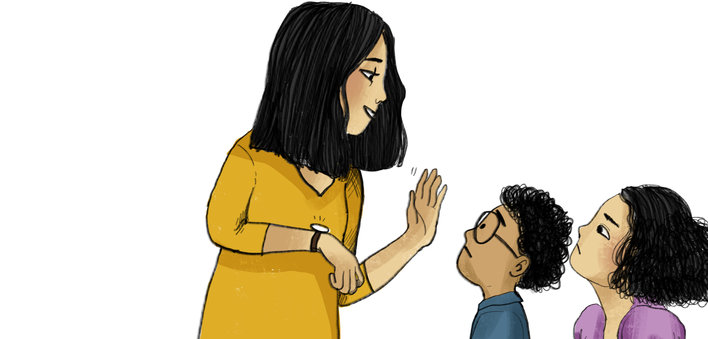 Girl waves to children