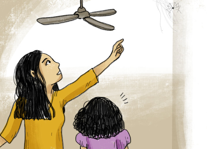 Kids looking at daddy-long-legs spider