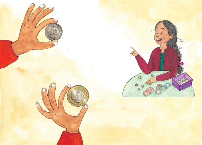 Grandmother explaining the significance of different types coins