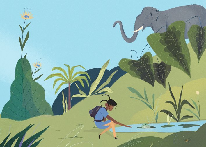Girl watching frog