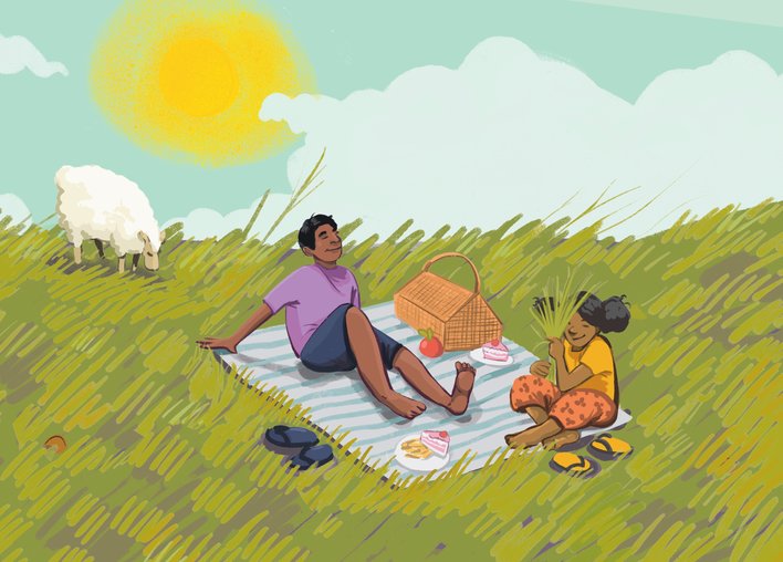 Children having a picnic on grass