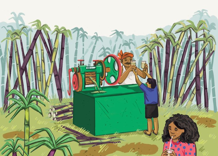 Children drinking sugarcane juice
