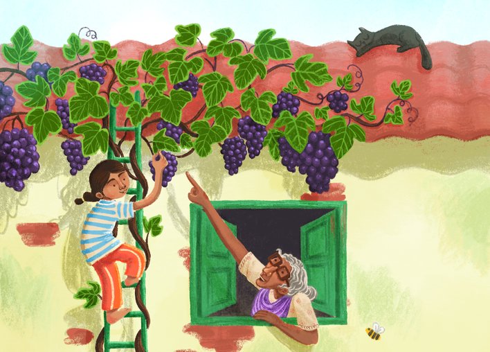 Old woman points at the grape vines on the roof while girl plucks the grapes
