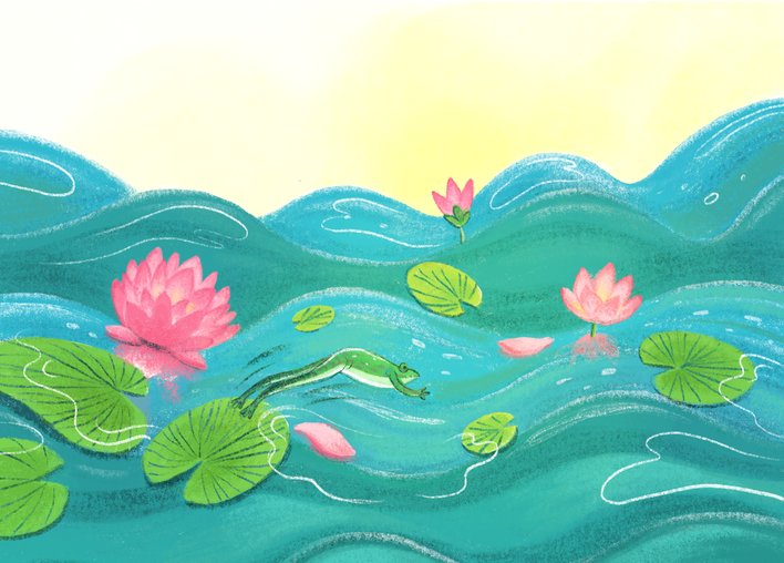 A frog jumps on the water lilies and lotuses in a pond