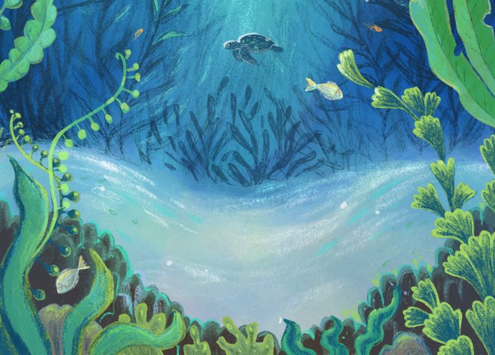 Turtle swimming underwater among various aquatic plants and seagrass