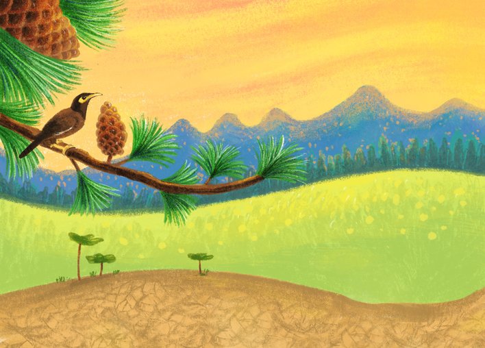High mountains and arid lands and a mynah perched on a tree