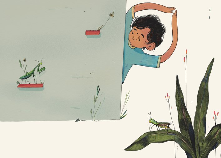 Girl looking at a praying mantis on a wall