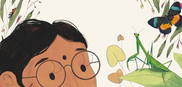 A close up of a woman looking at a grasshopper