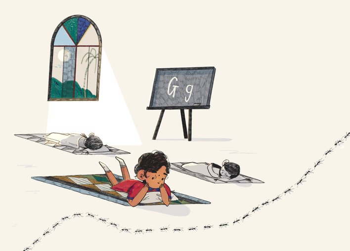 A child looking at a row of ants