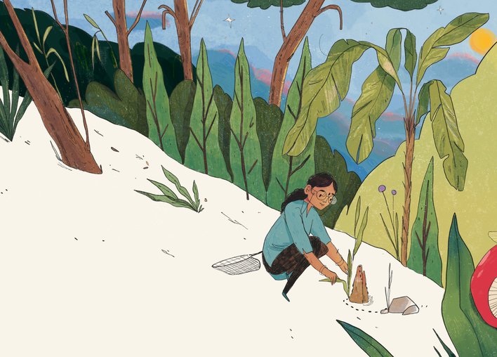 A woman looking at an anthill
