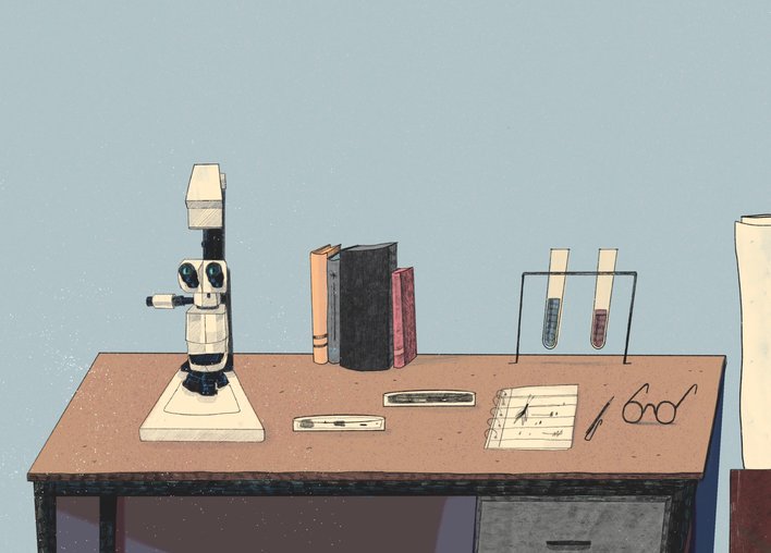 A desk with scientific equipments on it