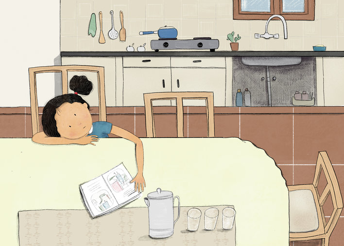 Girl sitting in the kitchen, bored