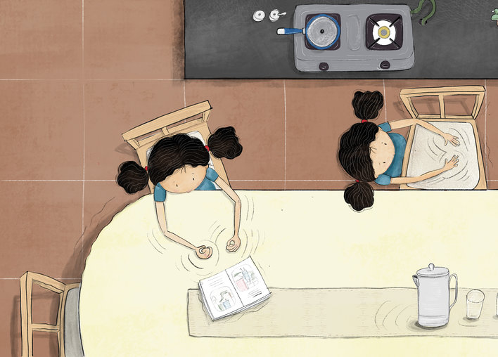 Girl thumping the table and the chair with her hands to produce sounds