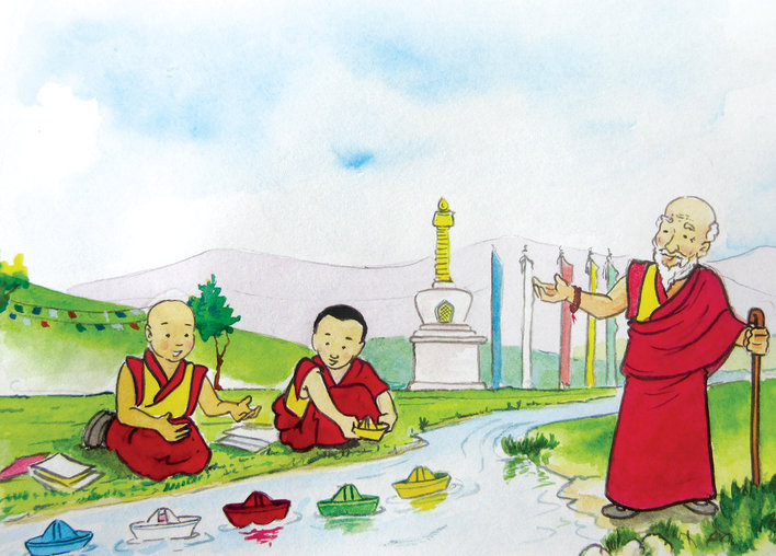Two boys sailing paper boats, an old man looking on