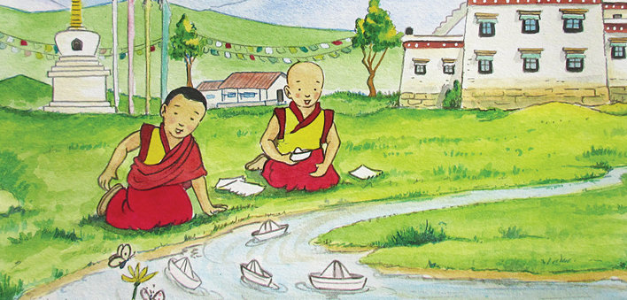 Two boys sailing paper boats