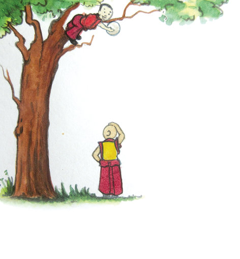 A boy on a tree, another standing under it