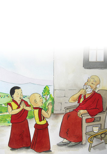 Two boys talking to an old man