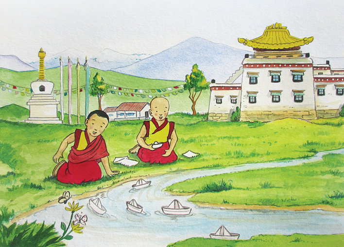 Two boys sailing paper boats in a rivulet